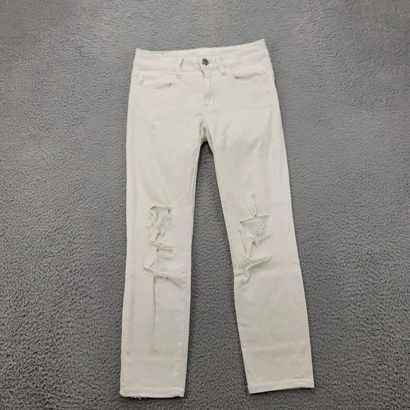 American Eagle Jeans Womens 2 Cream Super Super Stretch Distressed Jegging Crop‎ - Picture 1 of 16